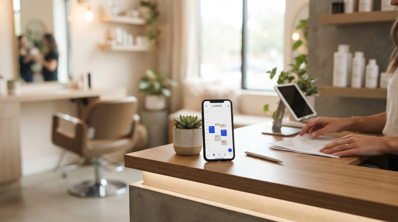 Ambiente moderno e aconchegante de um salão de beleza, com bancada de atendimento iluminada e um smartphone sobre a mesa exibindo a tela de um aplicativo de calendário digital com o nome LANCE.